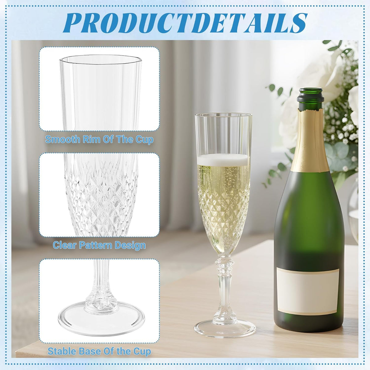 Plastic Champagne Flutes, 12PCS White Transparent Wine Glasses Goblets Cups Shatterproof Reusable