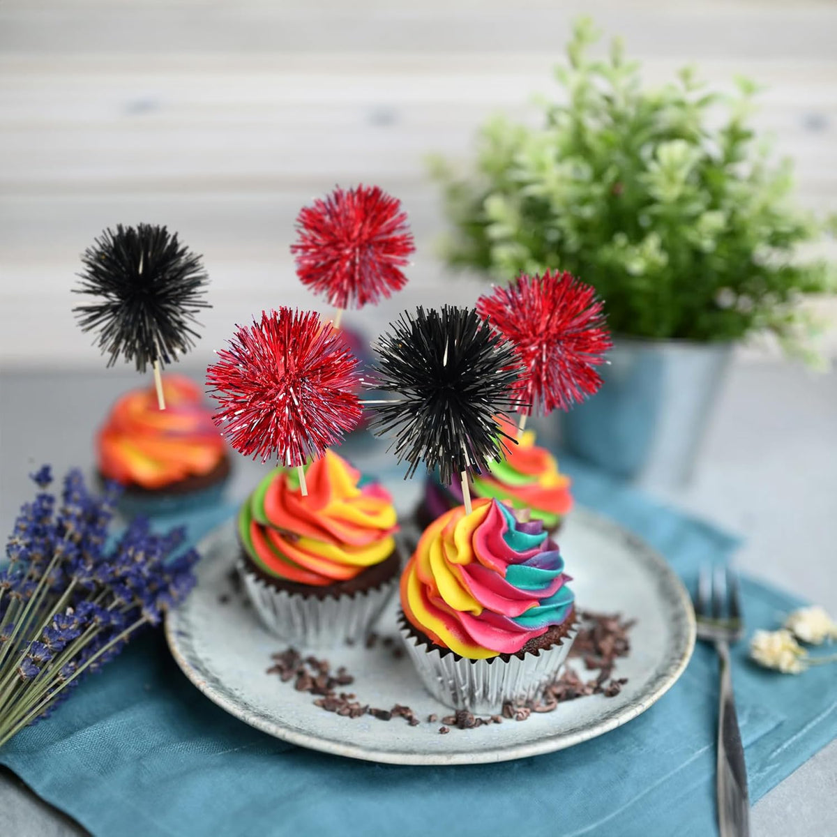 Gyufise 30Pcs Foil Firework Cupcake Toppers Sparkle Tinsel Cake Toppers Tinsel Drink Cake