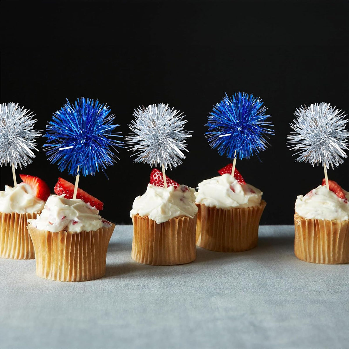 Gyufise 30Pcs Foil Firework Cupcake Toppers Sparkle Tinsel Cake Toppers Tinsel Drink Cake