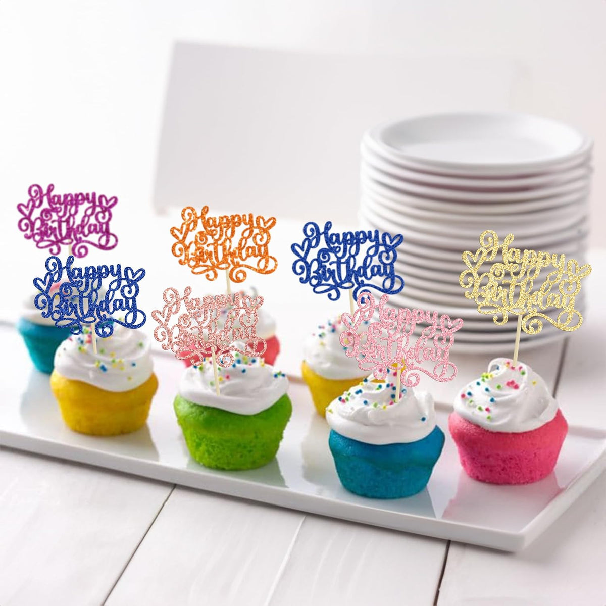 Gyufise 24Pcs Happy Birthday Cupcake Toppers Glitter Happy Birthday Cupcake Picks for Celebrating