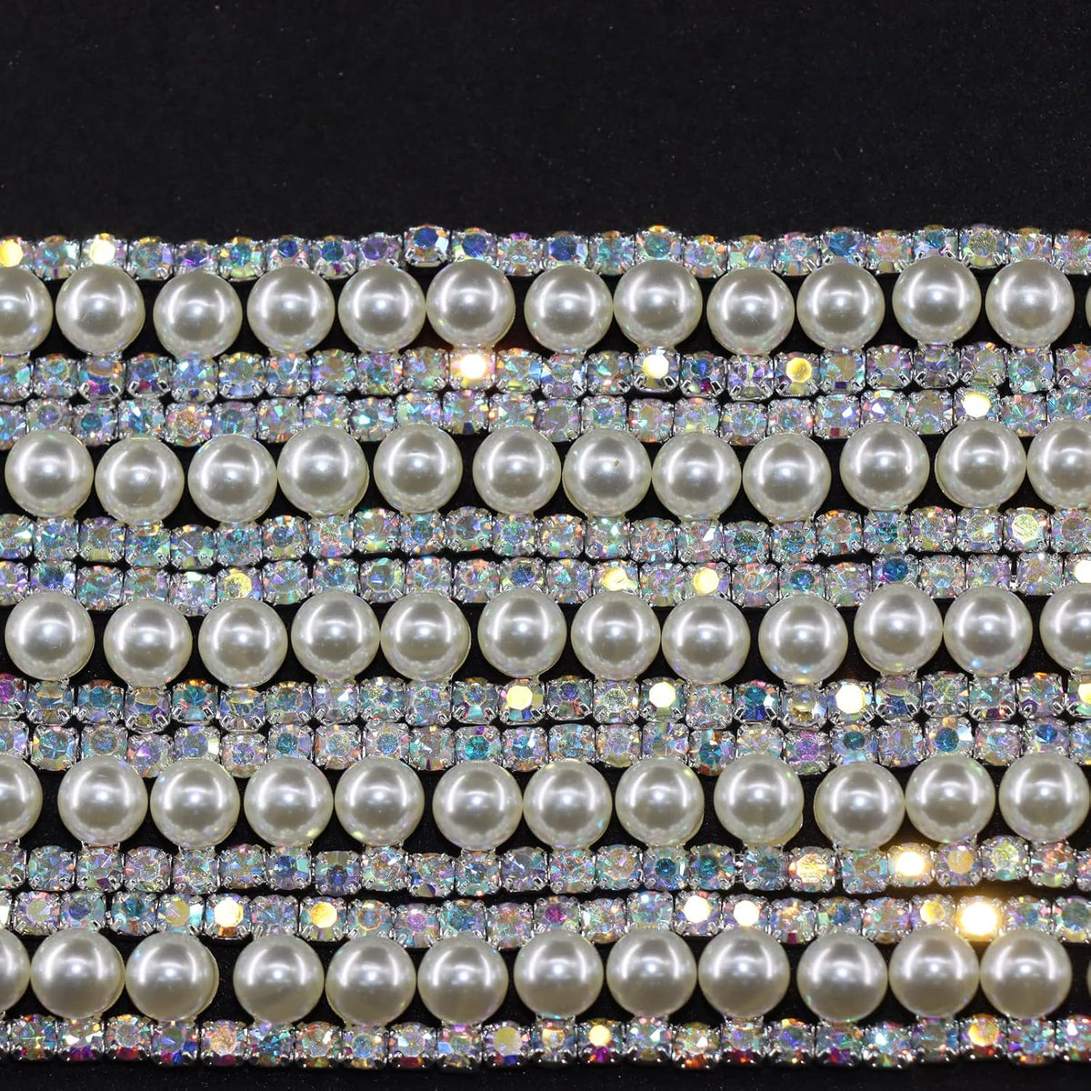 Jerler Rhinestone Trim Applique 1 Yard 2 Rows Crystal Chain Banding Diamond Inlaid White Pearl