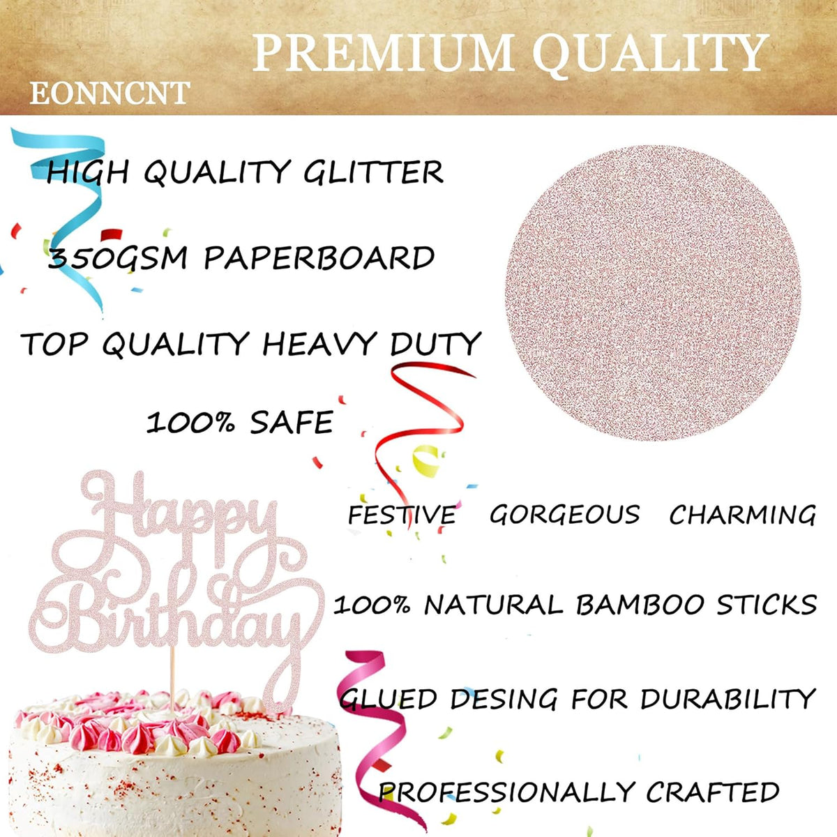 Happy Birthday Cake Topper - Rose Gold Glitter Birthday Party Cake Decoration Supplies - Happy