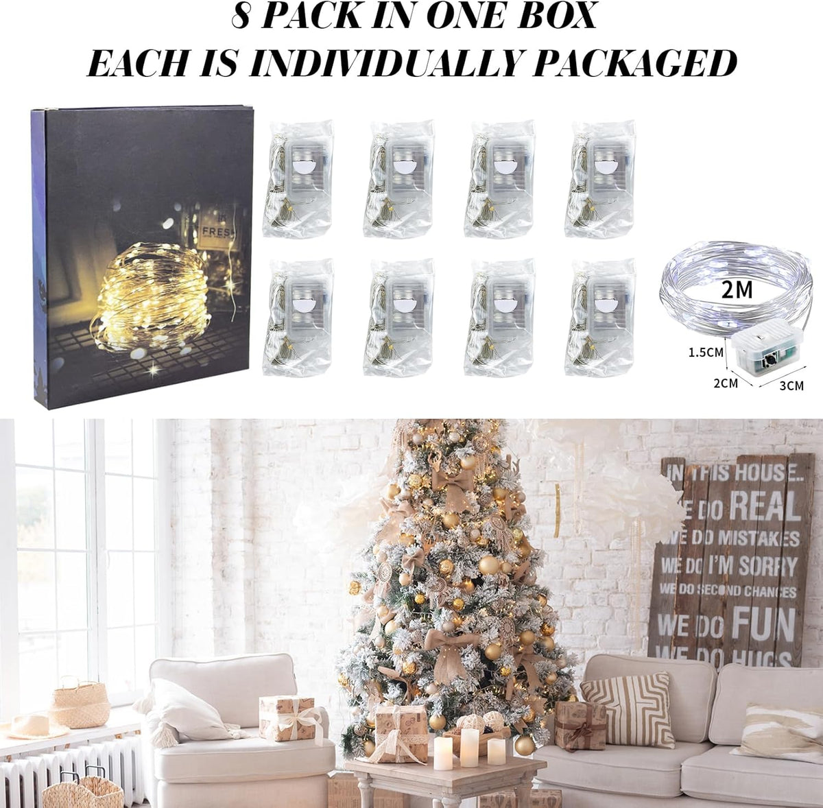 ZGWJ 8 Pack Fairy Lights Battery Operated, 7ft 20 Mini LED Fairy String Lights Silver Wire 3 Modes
