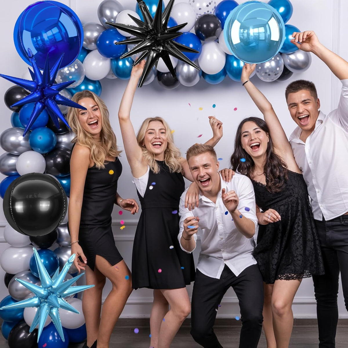 6Pcs Black Blue Foil Balloons,22Inch Navy Blue Black 4D Round Ball Balloon and Explosion Star