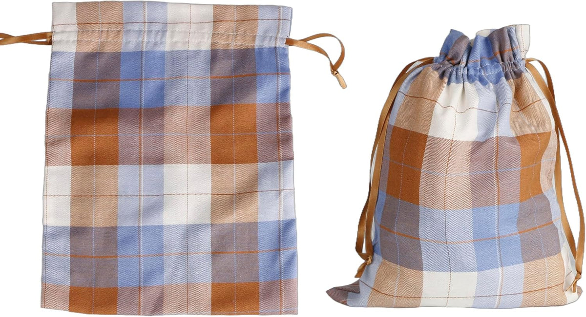 Large Fall Burlap Bags with Drawstrings - Orange Buffalo Plaid, Sage Green Gingham - Reusable Brown