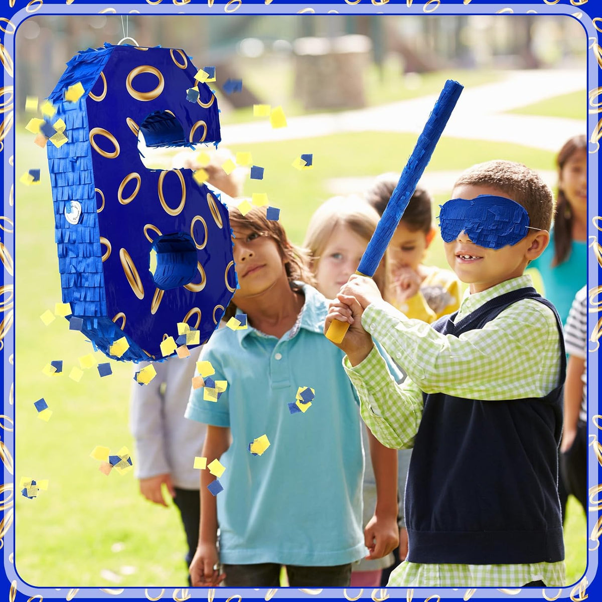 Number 6 Blue and Golden Rings Piñata for Kids Birthday Cartoon Theme Small Piñata with Blindfold
