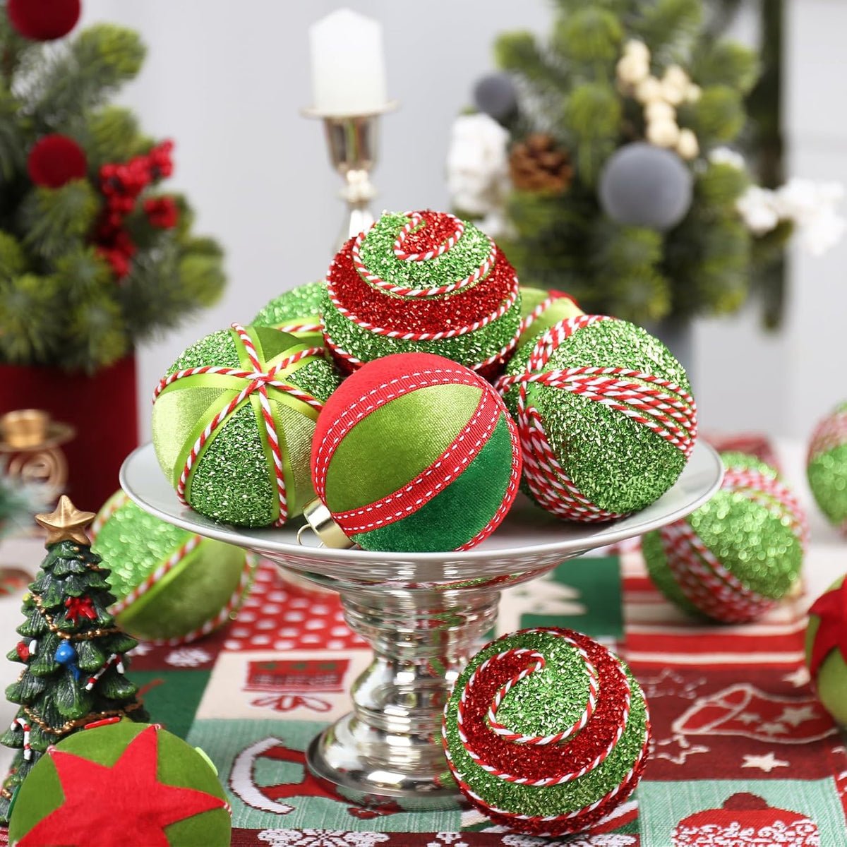 SY Super Bang Red Green Christmas Ball Ornaments, 15PCS Shatterproof Velvet Ornaments Set for