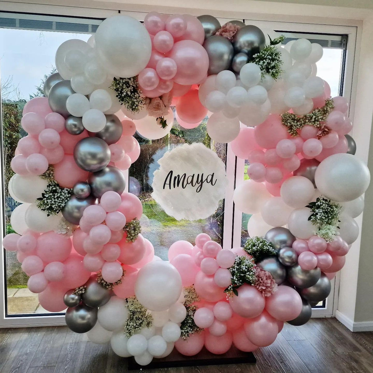 Pink and Silver Balloons, 12 Inch Hot Pink Pastel Latex Balloon Metallic Chrome Silver Helium