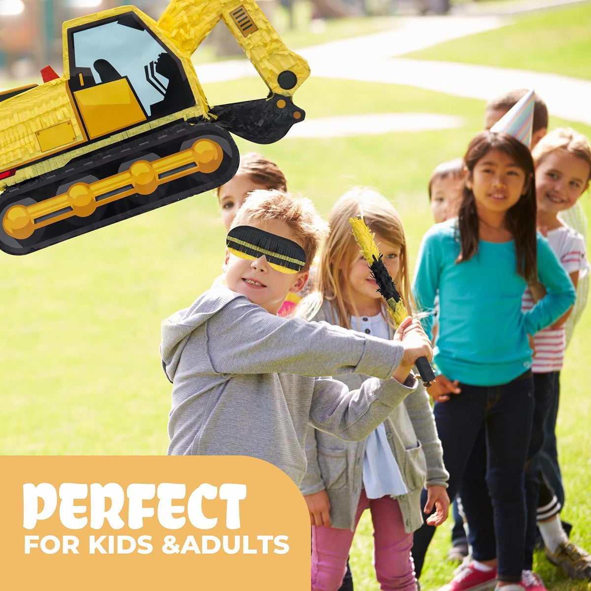 Excavator Pinatas Bundle with a Blindfold and Bat (16.5x11x4.7 inch), Pinata for Construction Theme