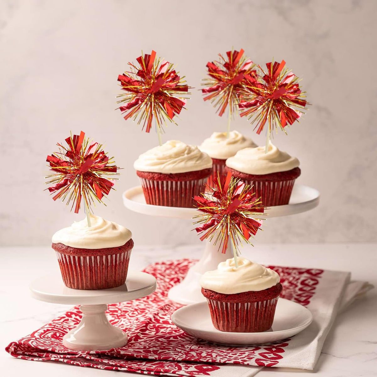 Gyufise 20Pcs Foil Firework Cupcake Toppers Sparkle Tinsel Cake Toppers Tinsel Drink Cake