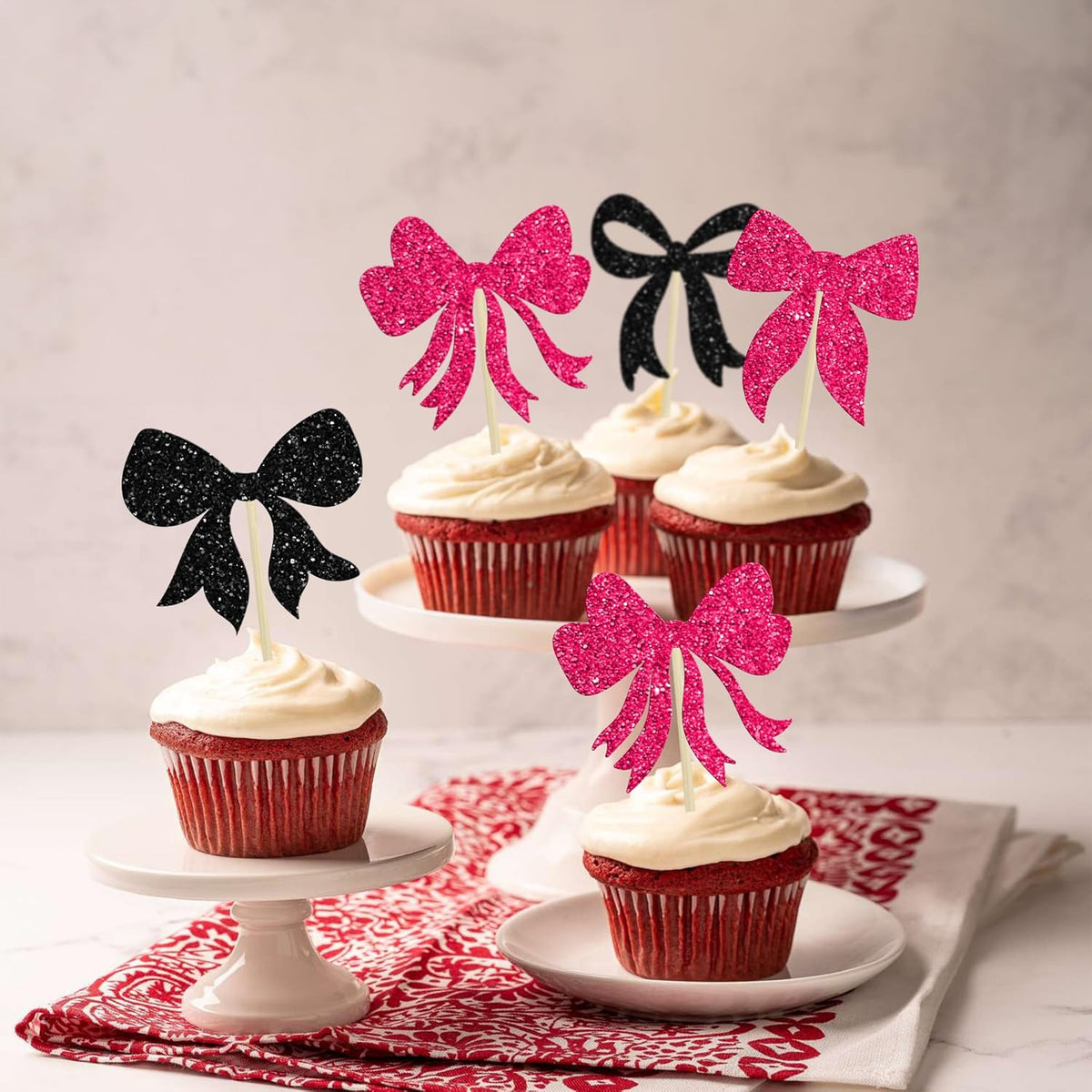 Gyufise 36Pcs Bow Cupcake Toppers Glitter Bowknot Cupcake Picks Bow Tie Birthday Decorations Bow