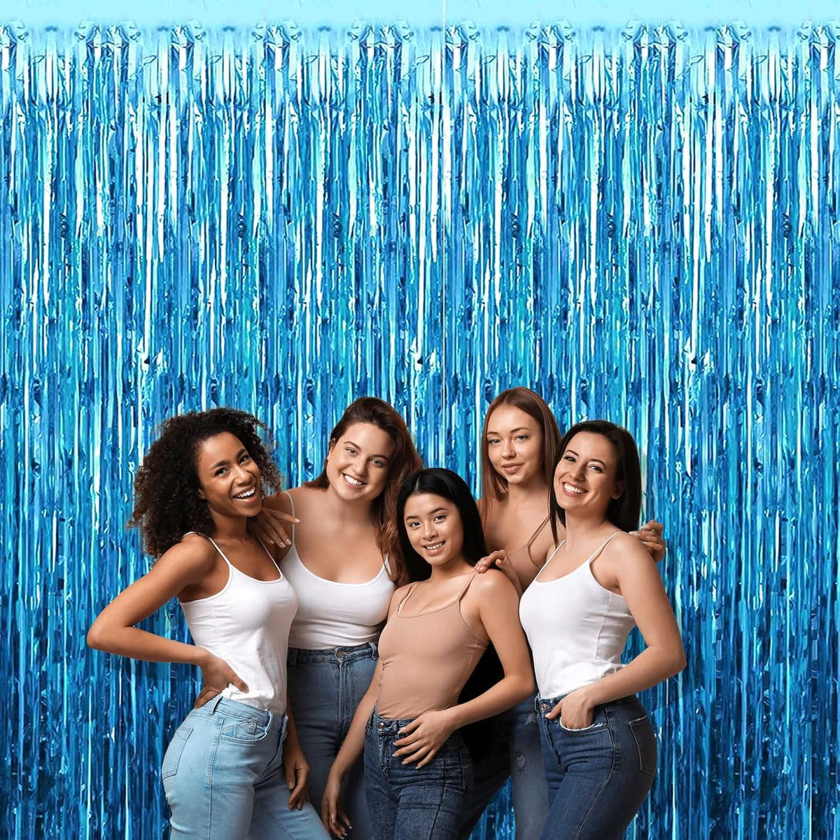 4 Pack Lake Blue Foil Fringe Curtain Backdrop, 3.3Ft x 9.8Ft Metallic Tinsel Foil Fringe Streamers