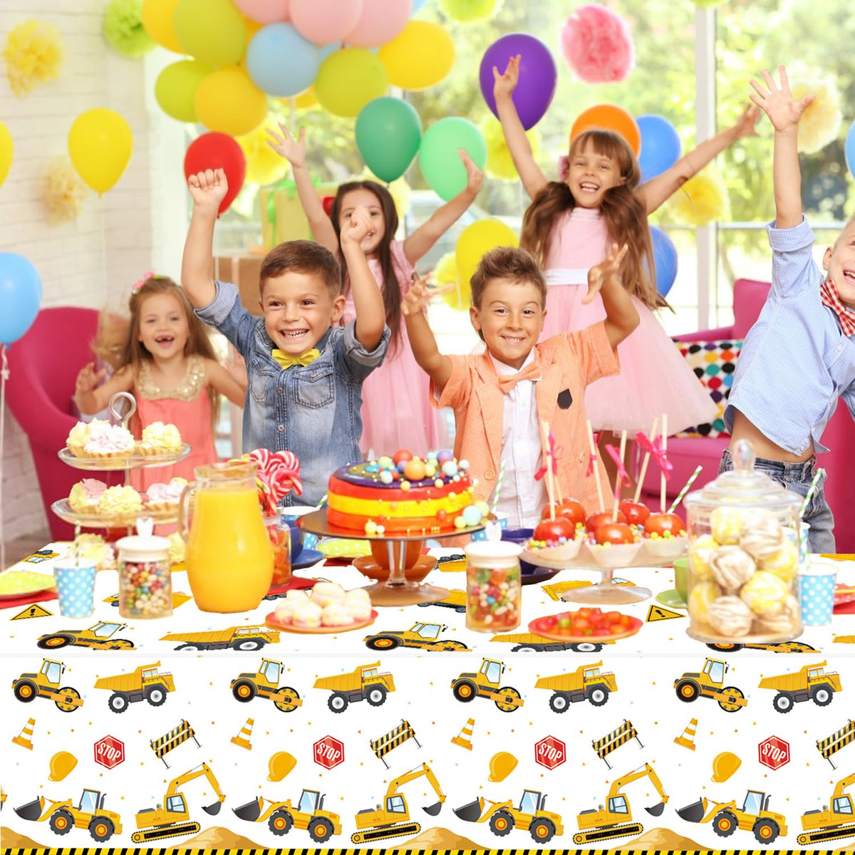 QIYANPAX 3 Pack Construction Plastic Birthday Party Tablecloths, 54 x 108 Inches - Truck Excavator