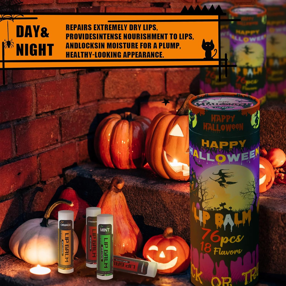 Yopela 76 Pack Halloween Natural Lip Balm Bulk with Vitamin E and Coconut Oil Lip Care Set