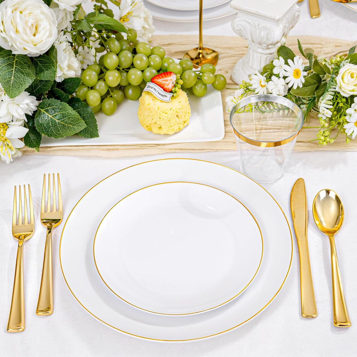 KIRE 175PCS Gold Plates Disposable - Heavy Duty White and Gold Plastic Plates Dinnerware Sets - 25