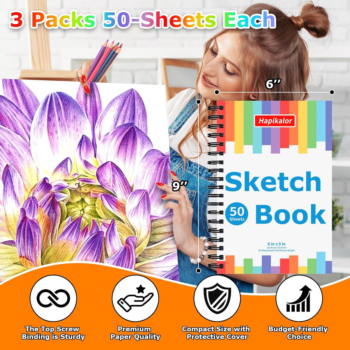 Hapikalor Drawing Pad for Kids, Sketch Pads 50 Sheets, 3-Pack Kids Travel Activities Spiral Bound