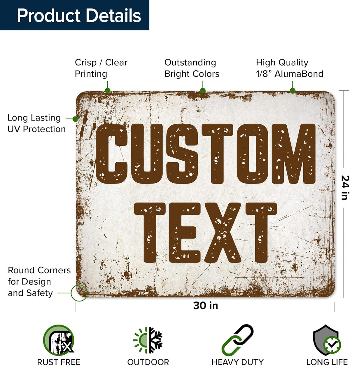 Custom Sign, Custom Street Sign, 11 Font Colors, 13 Font Styles, 4 Hole Options, 22 Sizes, 24x30