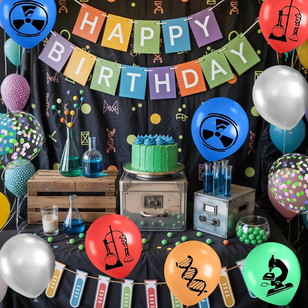 Science Party Balloons, 12 Inch Dark Light Blue Red Green Orange Metallic Silver Colorful Confetti