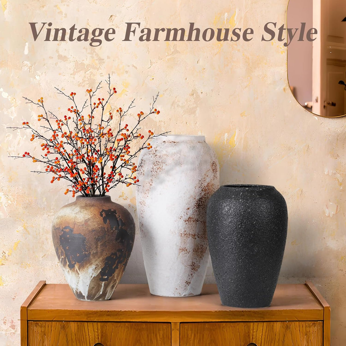 Rustic Vase for Flowers, 8.9'' Brown Farmhouse Ceramic Vases for Home Decor, Minimalist Decorative