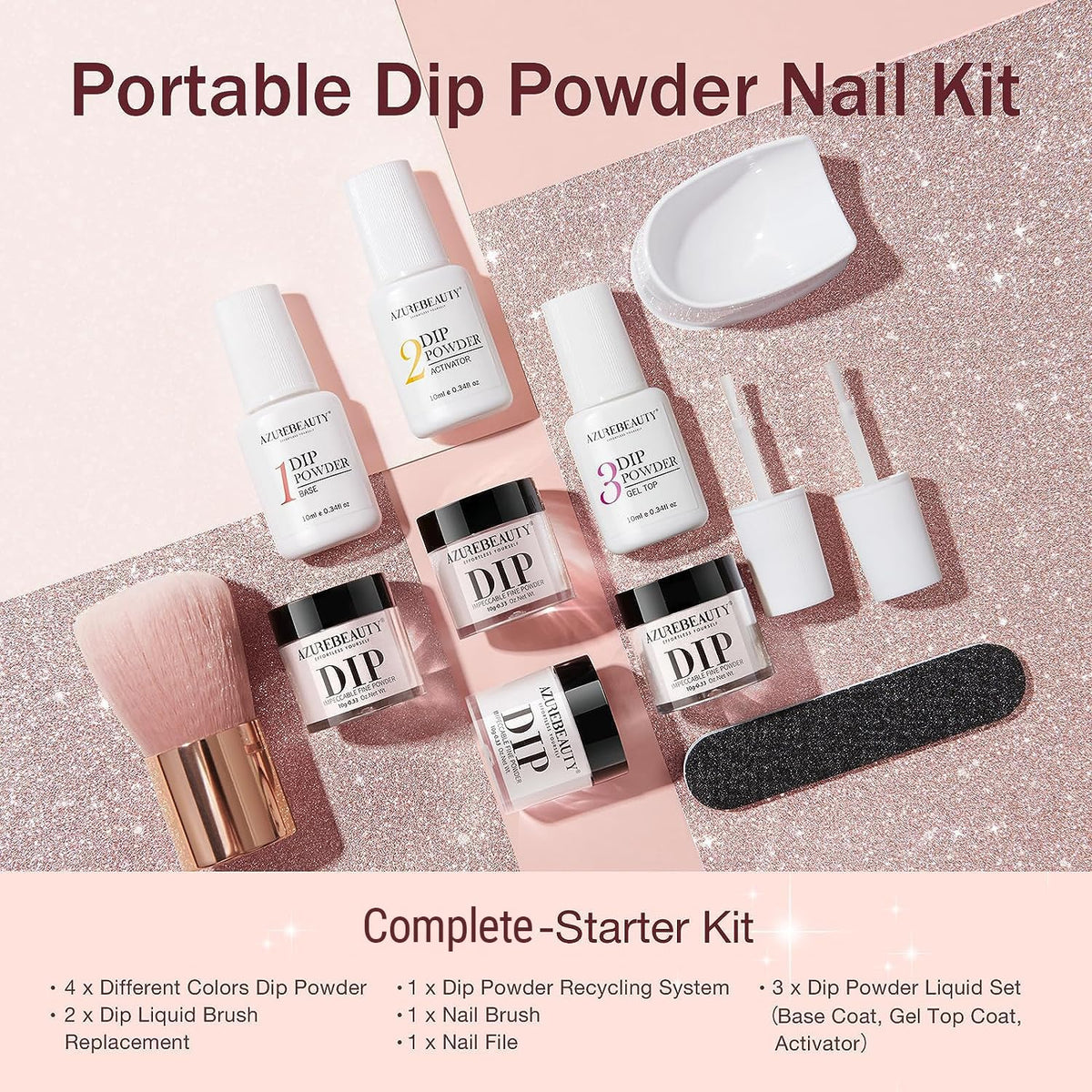 AZUREBEAUTY Dip Powder Nail Kit Starter, All Season Nude Skin Glitter 4 Colors Dipping Powder