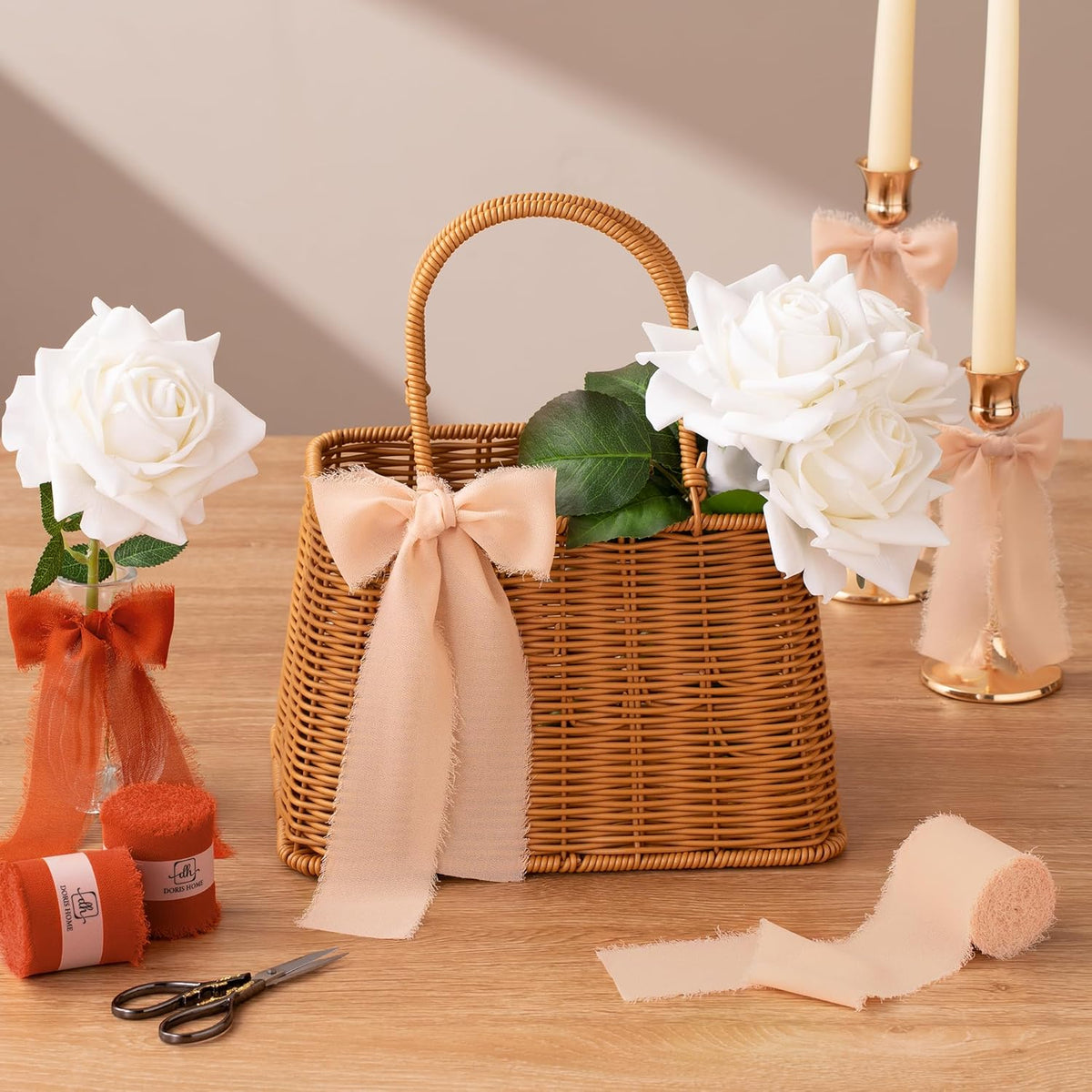 DORIS HOME Burnt Orange Chiffon Ribbon for Flower Bouquet, 2" x21Yd Fabric Ribbon for Gift
