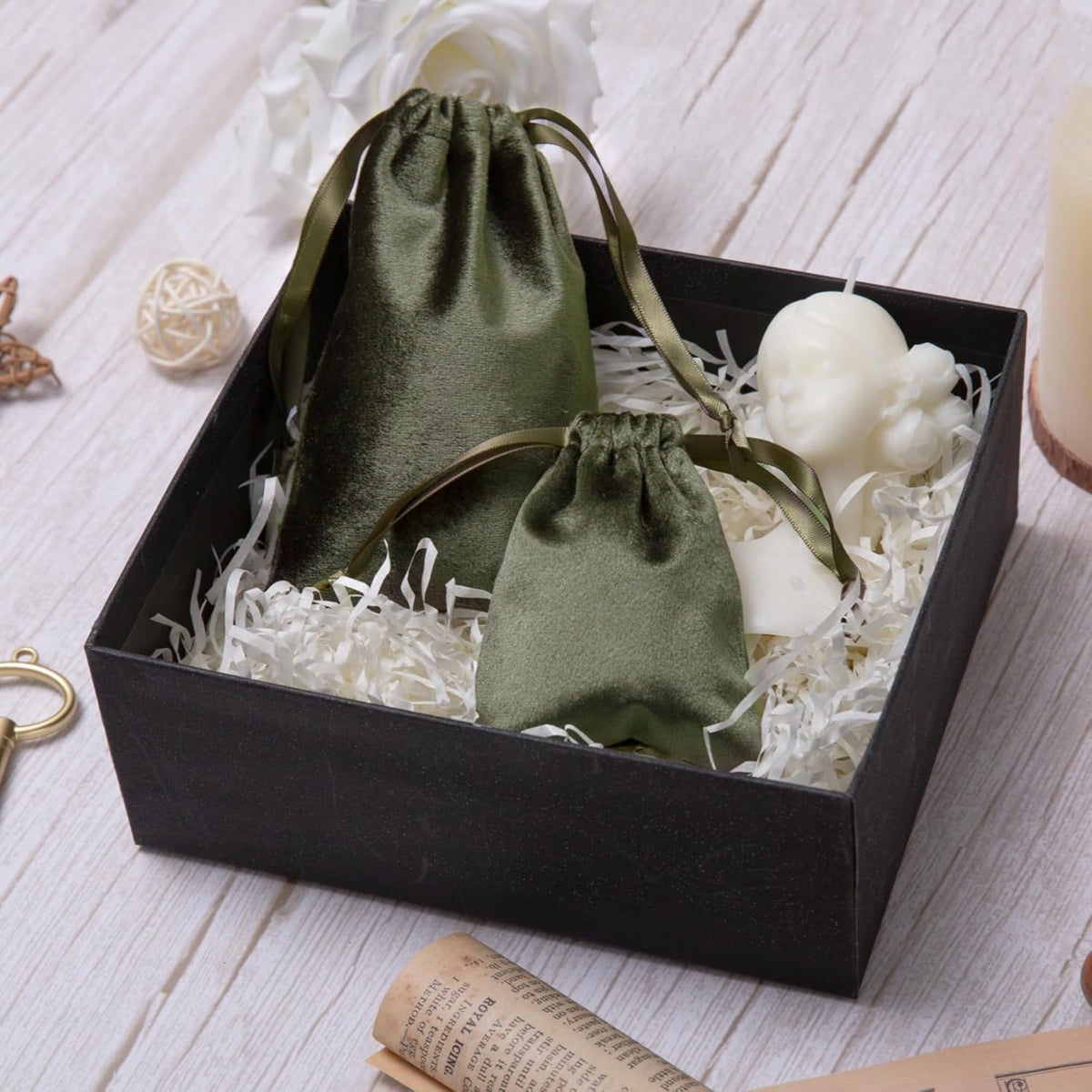 QIANF 12pcs Moss Green Velvet Drawstring Bags 3x4 inches Glossy Small Velvet Cloth Gift Bags