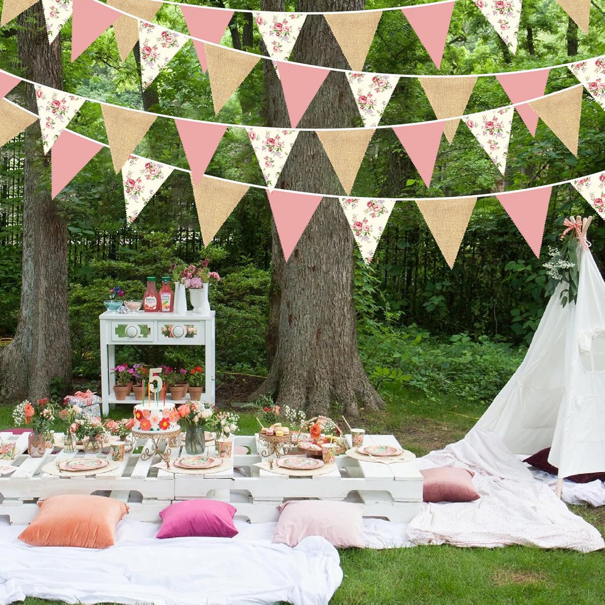32Ft Flora Party Decorations Blush Rose Pink Burlap Flora Triangle Flag Fabric Banner Pennant