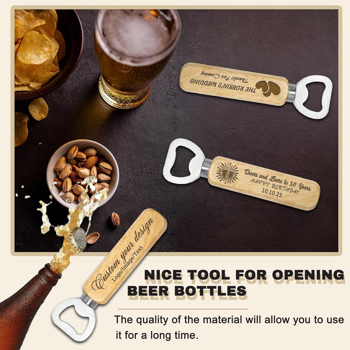 15-100PCS Custom Bottle Openers Bulk, Beer Bottle Opener with Wooden Handle, Engraved Groomsmen