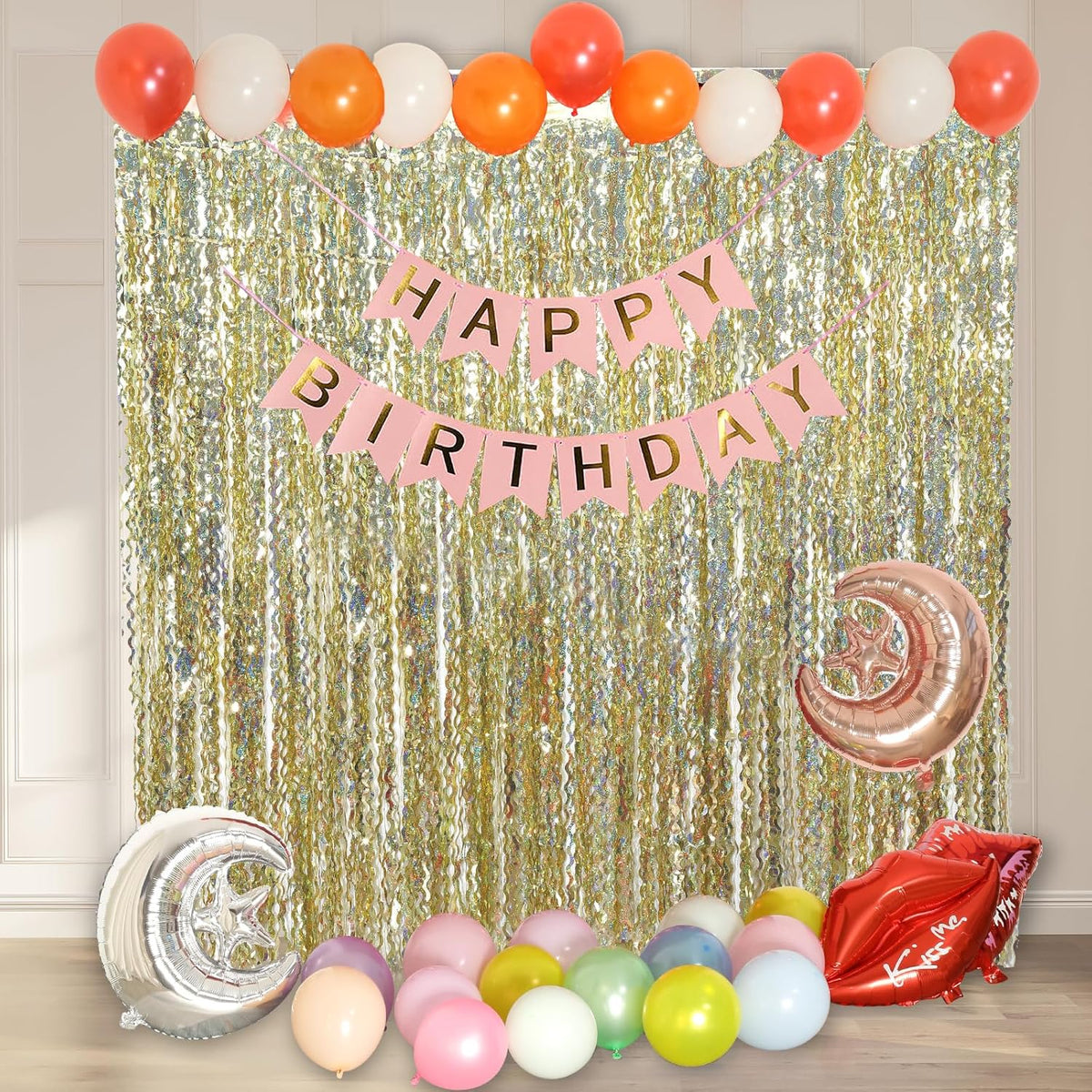 4 Pack Wavy Sparkle Champagne Gold Metallic Tinsel Foil Fringe Curtains Photo Booth Backdrop | Gold