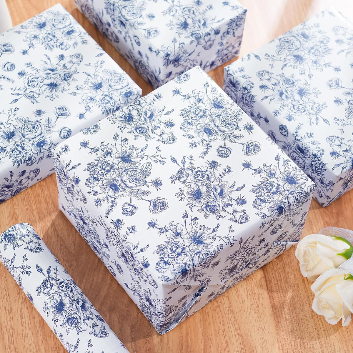 Ulmasinn Blue Floral Wrapping Paper Roll - 17 Inches x 33 Feet - Vintage Toile Blue Floral Design
