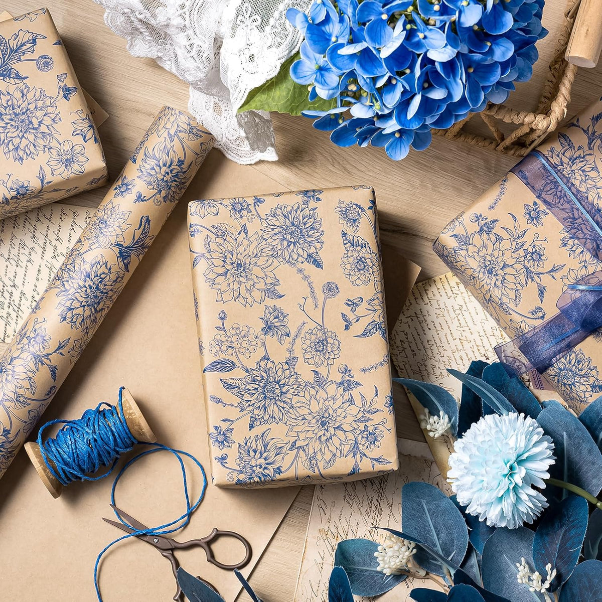 WRAPAHOLIC Kraft Blue Floral Wrapping Paper - Mini Roll - 17 Inch x 16.5 Feet - Vintage Blue Toile
