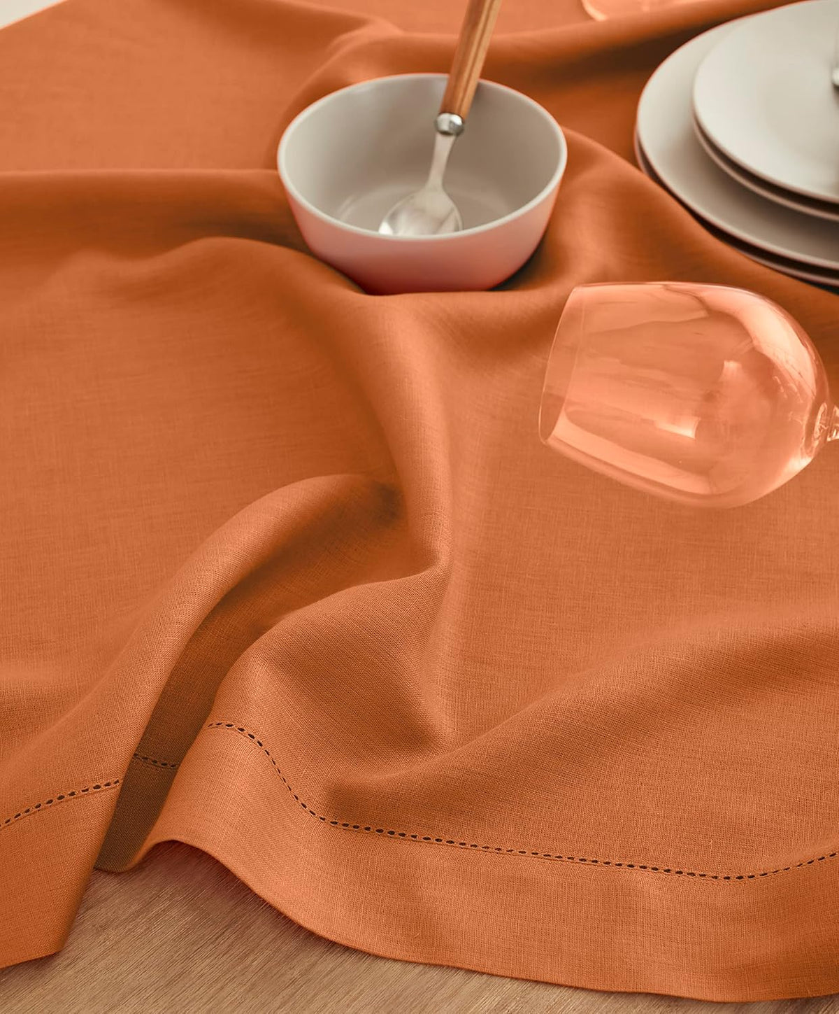 Solino Home Linen Square Tablecloth 52 x 52 Inch - 100% Pure Linen Pumpkin Table Throw - Classic