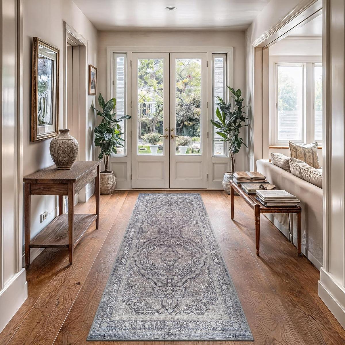 Bloom Rugs Washable Non-Slip 10 ft Runner - Blue/Steel Gray/Beige Traditional Medallion Runner for