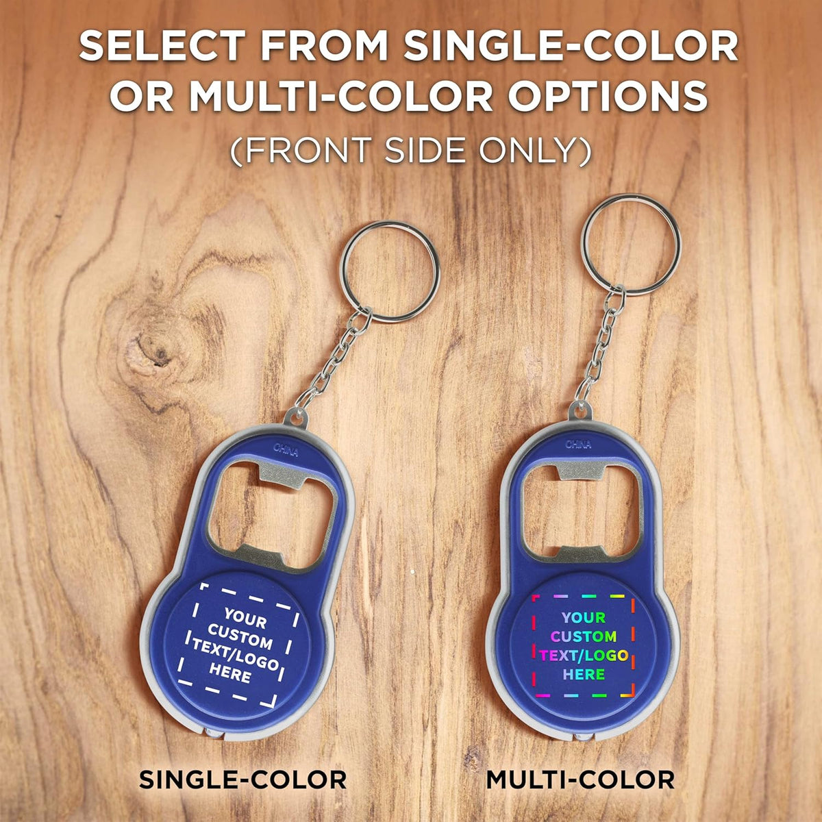 DISCOUNT PROMOS Custom Bottle Opener & LED Keychains Set of 100, Personalized Bulk Pack - Perfect