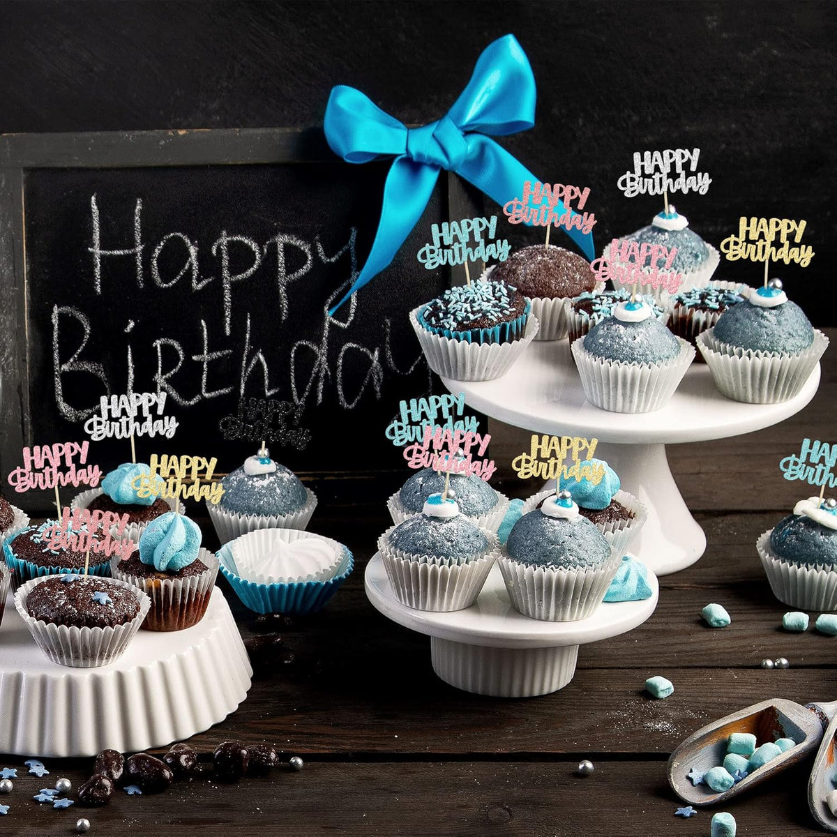 Gyufise 24Pcs Happy Birthday Cupcake Toppers Glitter Birthday Cupcake Food Picks for Celebrating