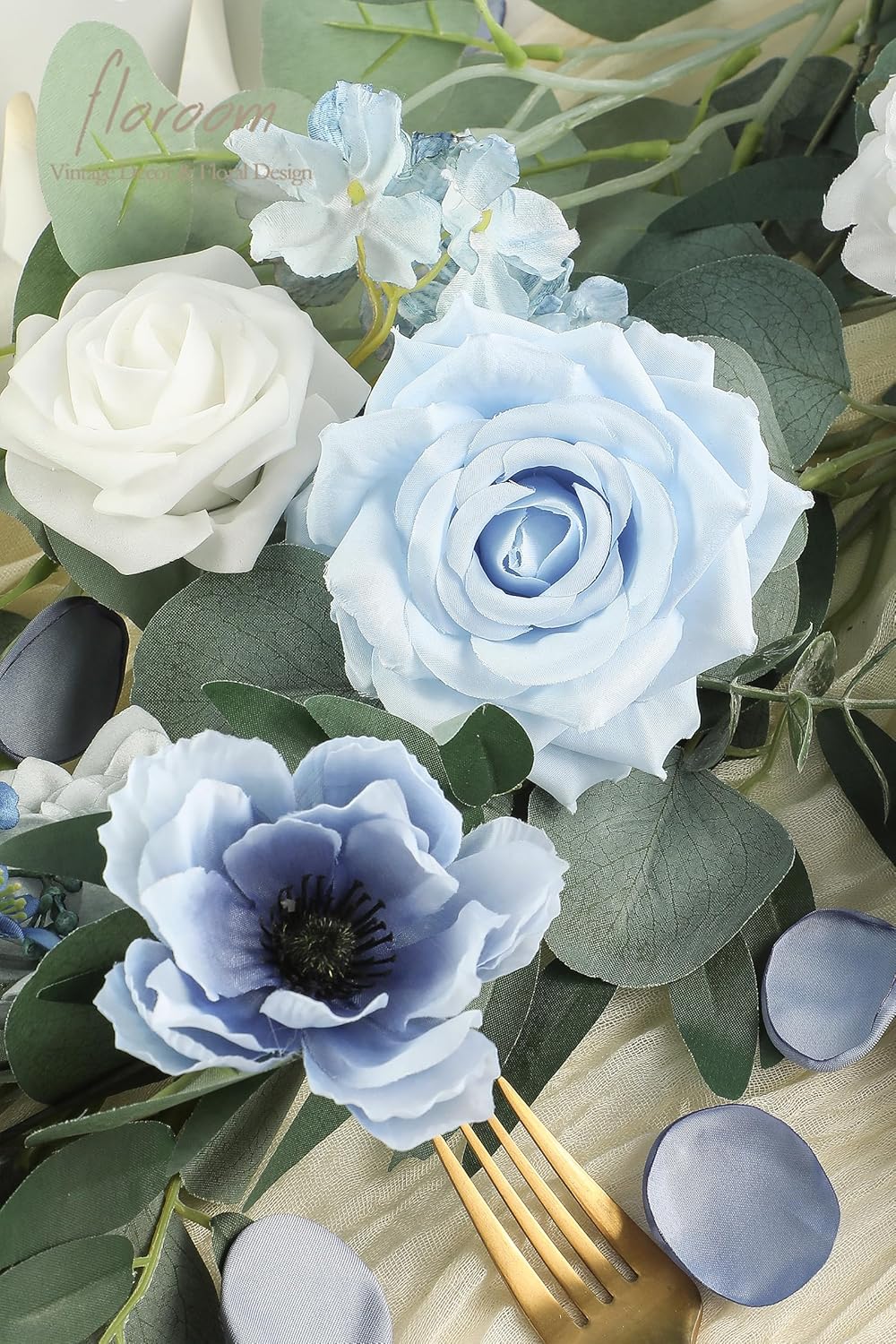 Floroom Dusty Blue Artificial Flowers Powder Blue Fake Roses Peony and Greenery Combo Box Set for