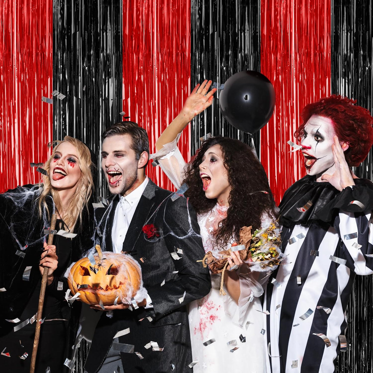 8 Pack Halloween Party Supplies, 3.28 FT x 7.05 FT Red and Black Foil Streamer, Metallic Fringe