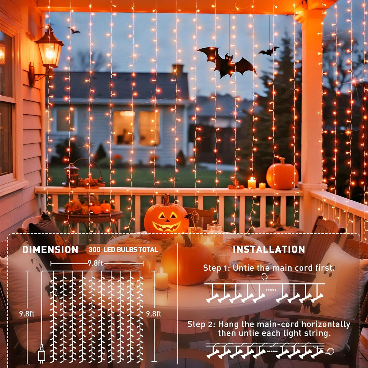 JMEXSUSS 300LED Orange Halloween Lights with Remote, 9.8x9.8ft Halloween Curtain Light, 8 Modes