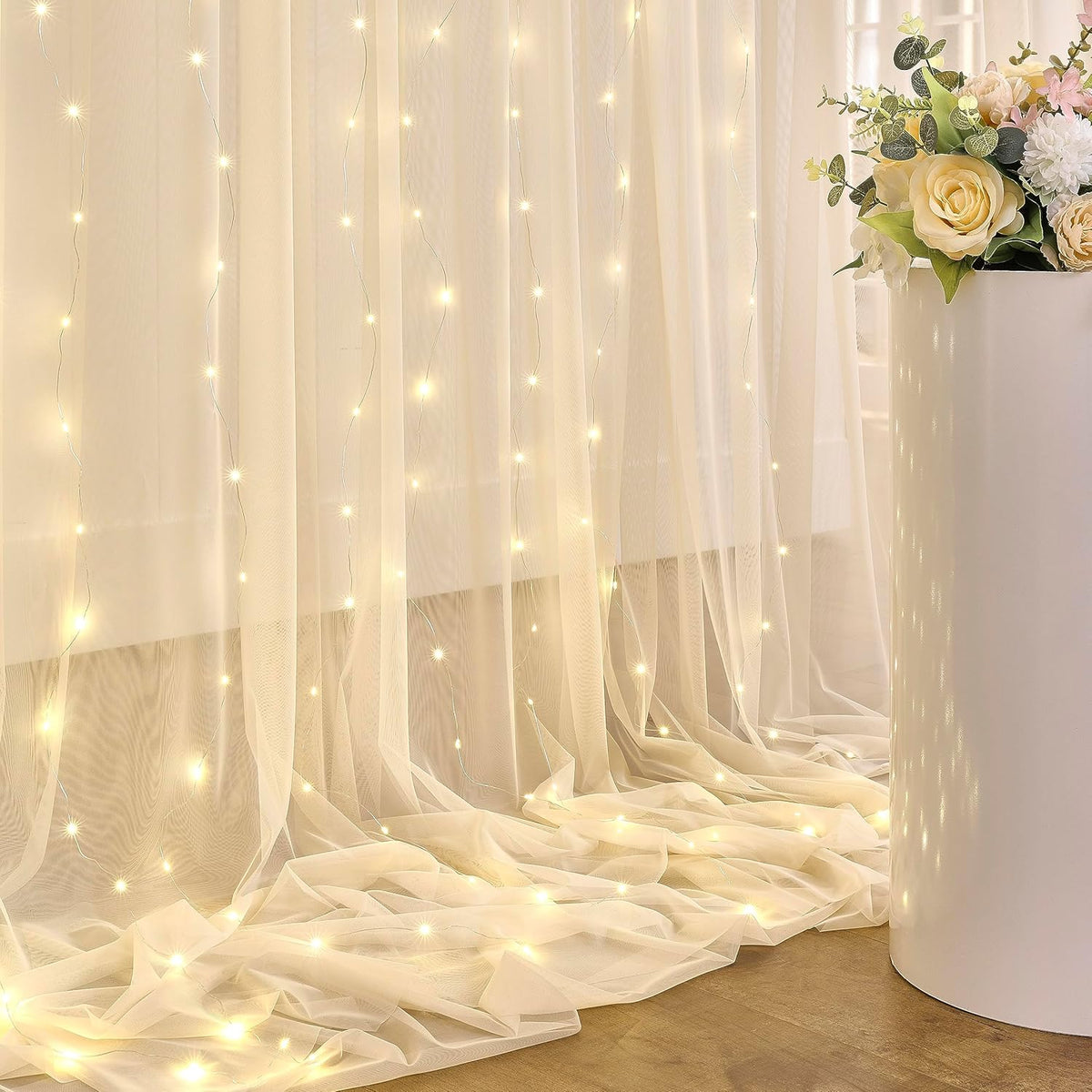 Champagne Sheer Backdrop Curtain with Lights String for Parites Wedding 20×10ft Tulle Backdrop