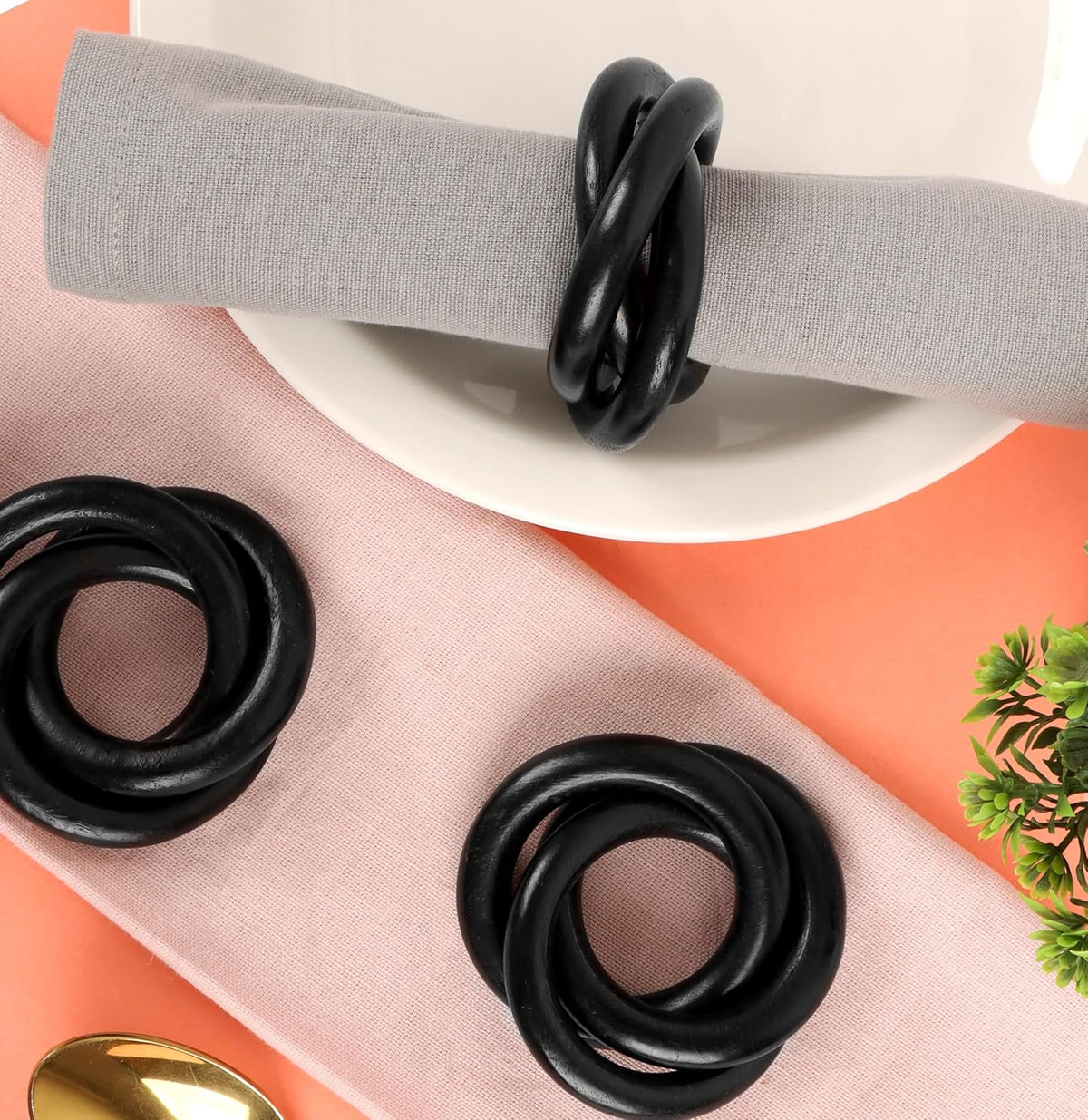 Three Ring Wooden Napkin Rings Set of 12 - Acacia Wood Interlocked Napkin Holder Cuffs for Dinner