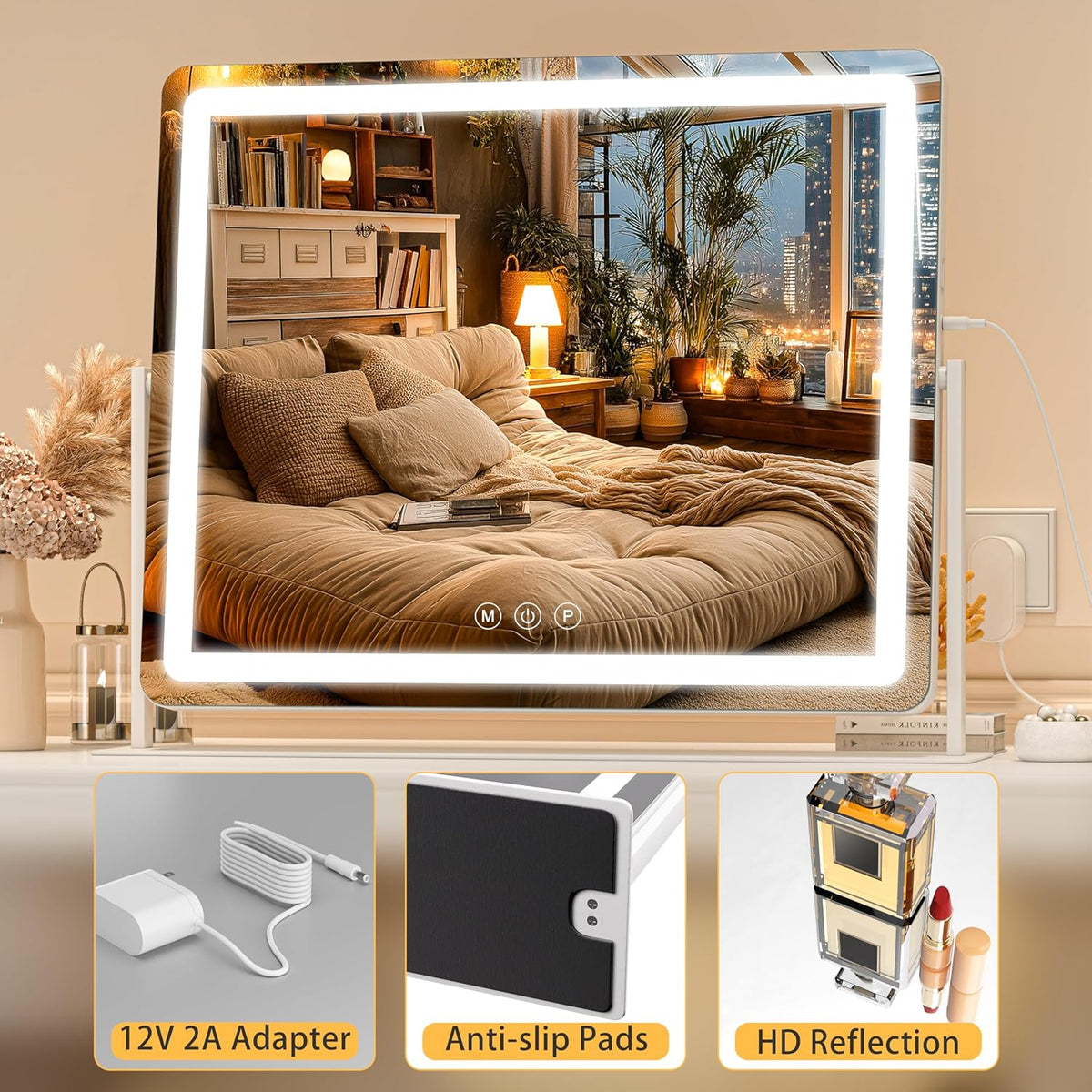 Vanity Mirror with Lights, 34'' x 25.6'' Lighted Makeup Mirror, Touch Screen with 3-Color Lighting