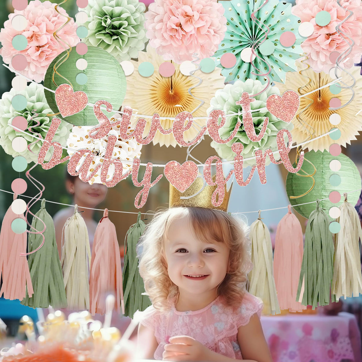 Sage Green and Blush Pink Baby Shower Decorations - Sweet Baby Girl Banner, Olive Green Lanterns
