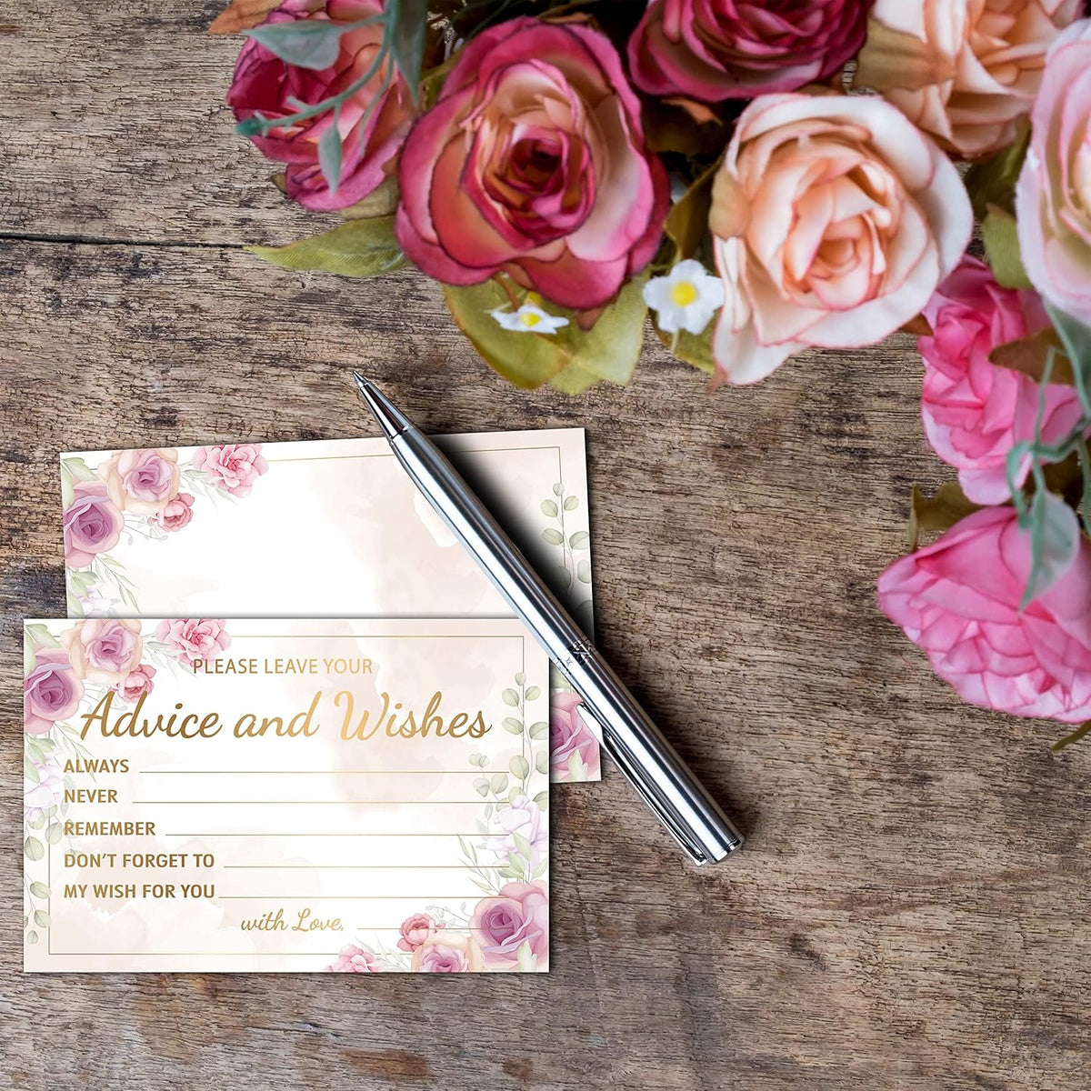Purple Floral Advice and Wishes Cards, 25 Pcs Blush Pink Double Sided Advice Cards for The Bride
