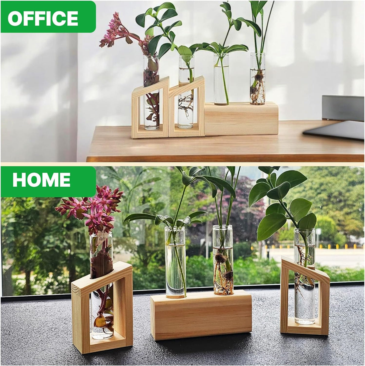 Plant Propagation Station - 3-Piece Wooden Stand with 4 Glass Test Tubes, Terrarium Vases for