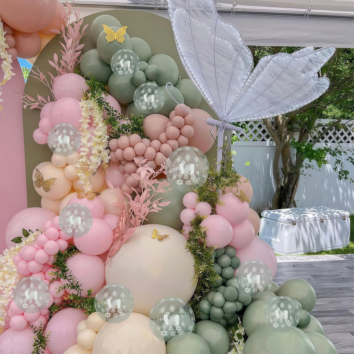 Pink and Green Balloons 60pcs, 12 Inch Sage Olive Green Dusty Light Pink Sand White Snowflake