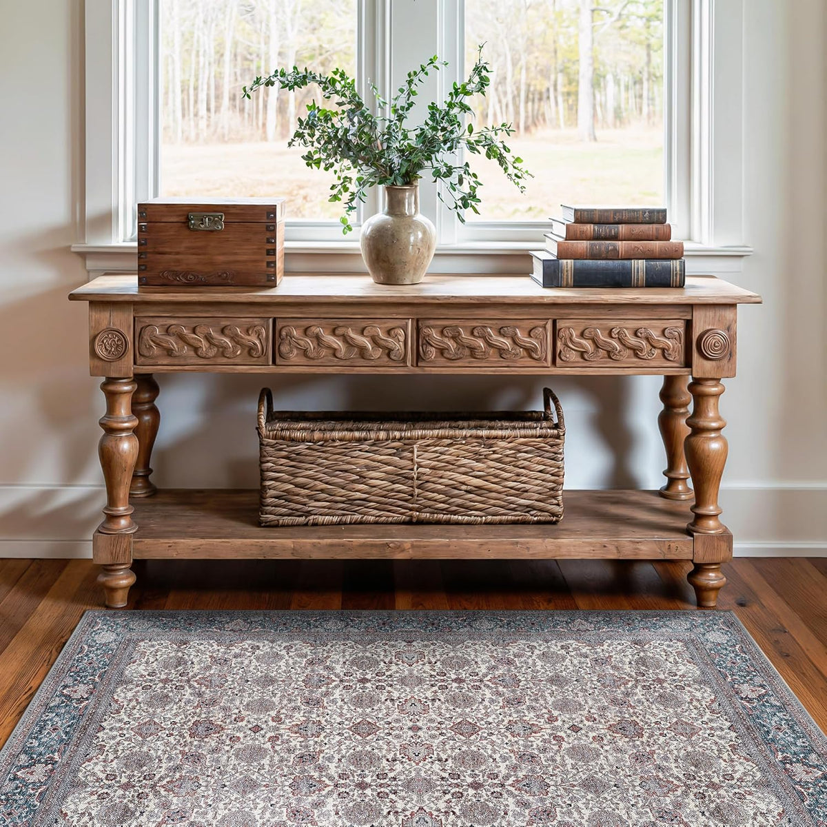 Bloom Rugs Washable Non-Slip 3' x 5' Rug - Teal/Blue/Beige Traditional Oriental Area Rug for Living