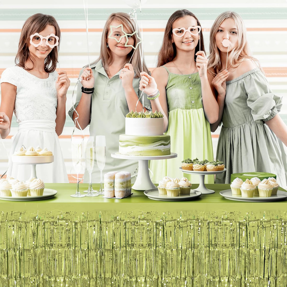 2 Pack Lime Green Table Skirts, 29x108" Metallic Foil Tinsel Fringe Table Skirt for Rectangle