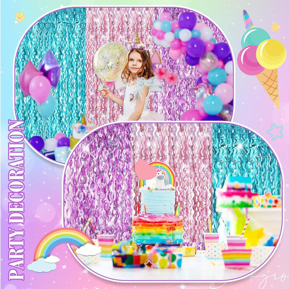 Jutom 6 Pieces 3.3 x 6.6 ft Wavy Tinsel Foil Fringe Curtains Foil Fringe Streamer Backdrop Party