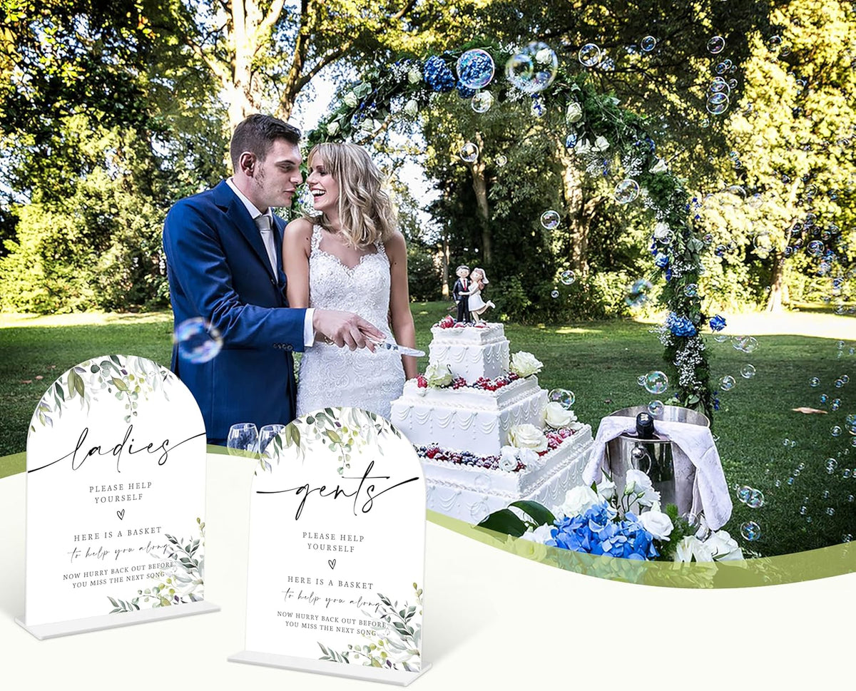 2 Pcs Greenery Wedding Bathroom Ladies & Gents Signs, 6 x 8 Inch White Arch Acrylic Wedding Sign