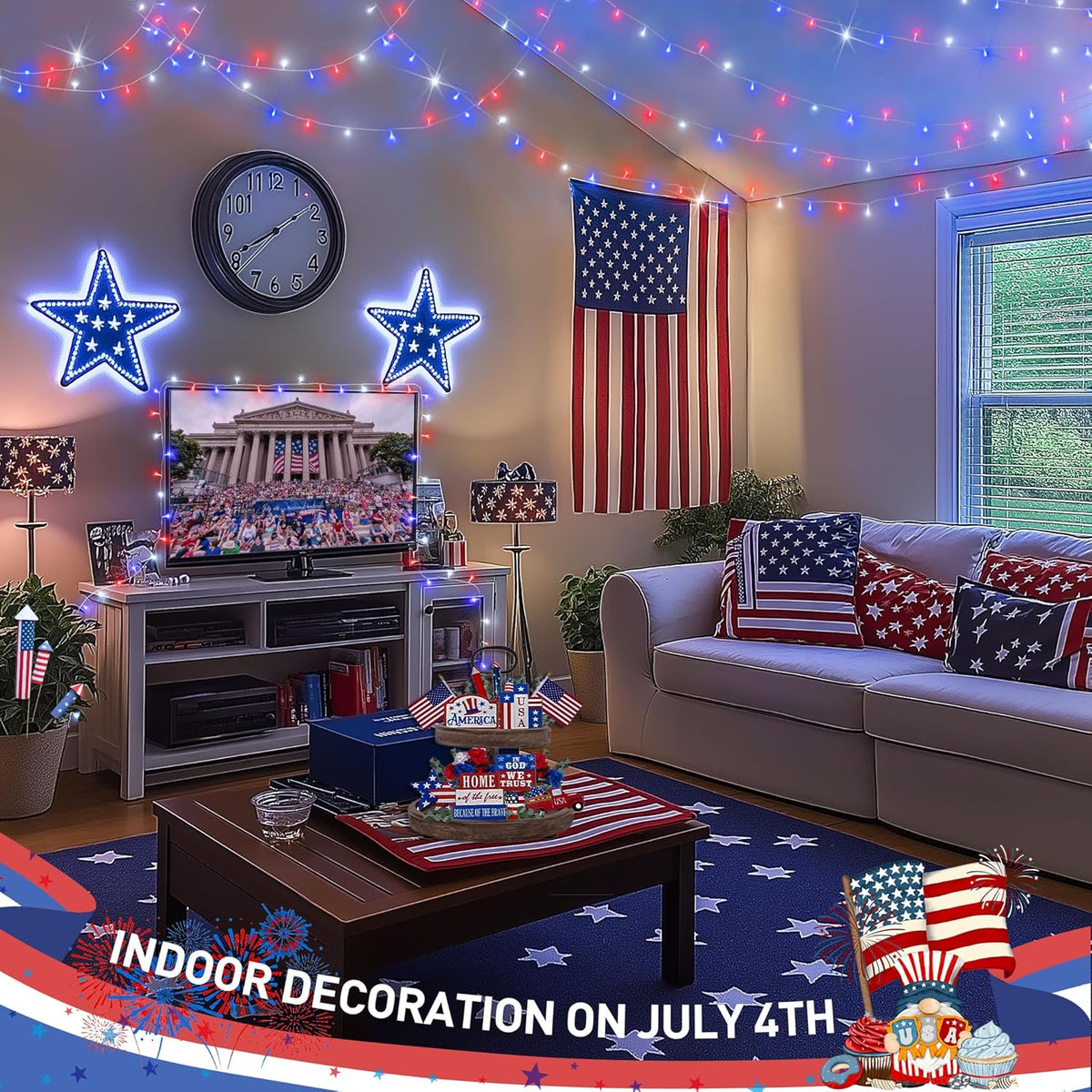 JMEXSUSS 600 LED Red White and Blue Lights Outdoor Plug in, 4th of July Decorations Outdoor Lights